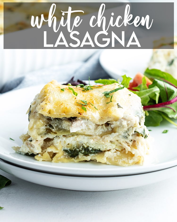 White Chicken Lasagna with text overlay for pinterest