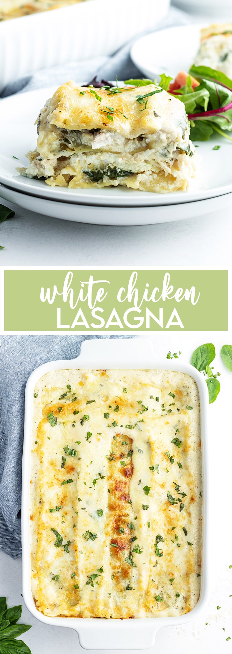 A collage of two photos of white chicken lasagna with text in the middle saying white chicken lasagna