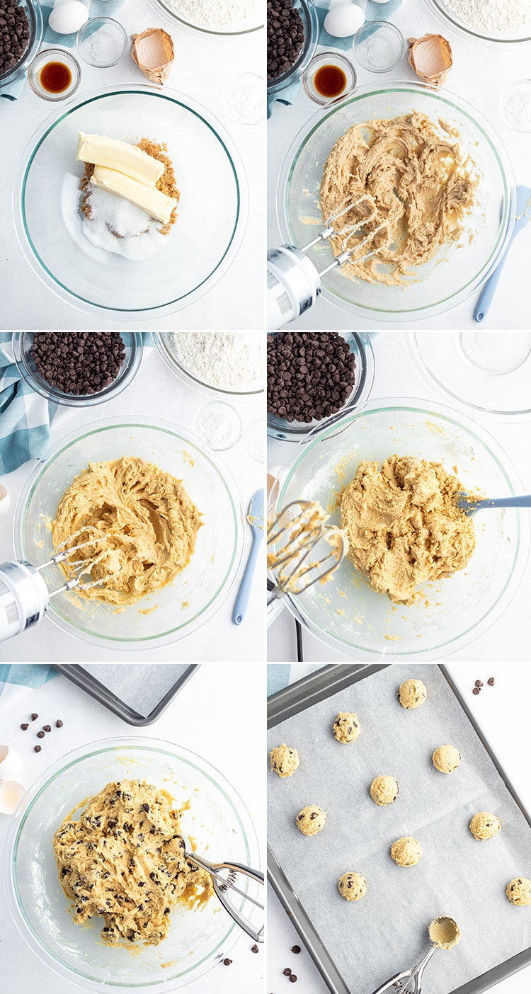 A 6 image collage of chocolate chip pudding cookies being mixed and ready for baking.