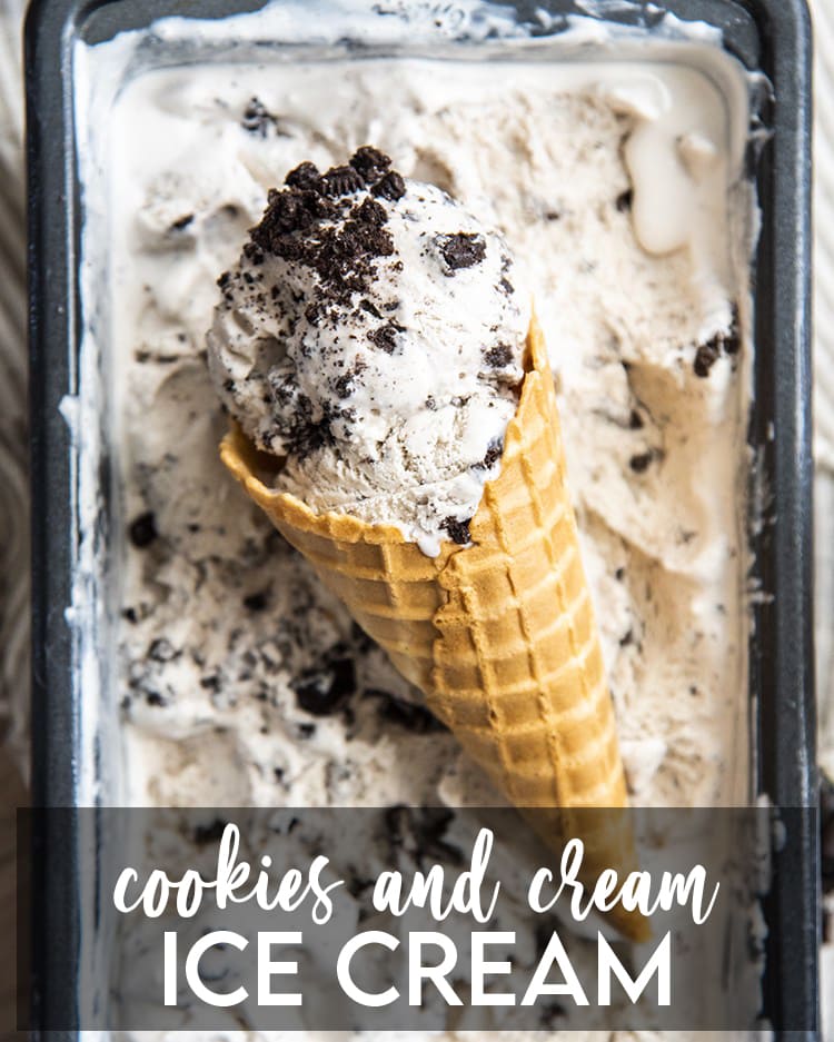 Cookies and cream ice cream with Oreo pieces throughout scooped into a waffle cone with text overlay for pinterest.