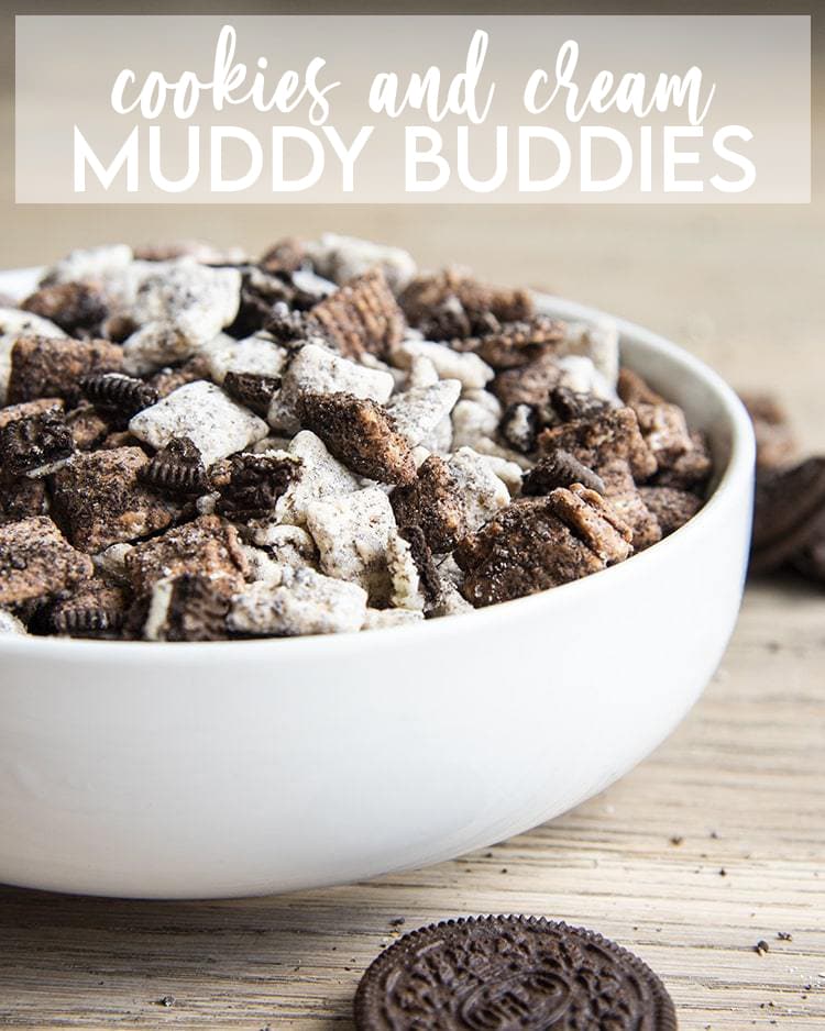 Cookies and Cream Muddy Buddies in a white bowl.