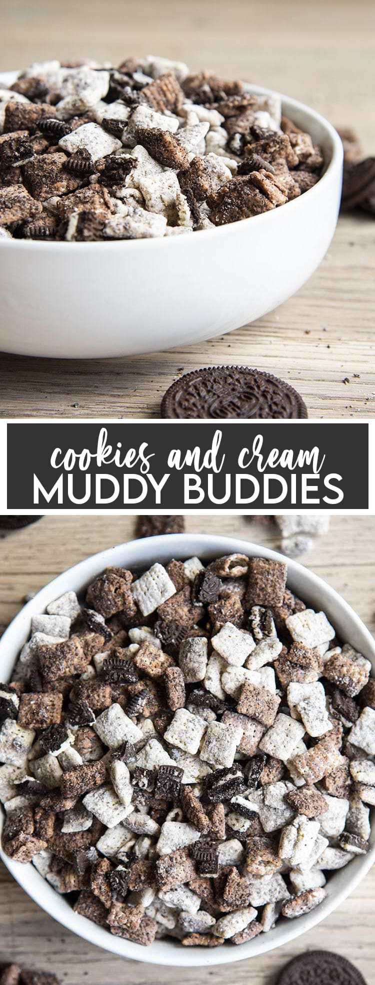 Two photos of cookies and cream muddy buddies in a white bowl. The muddy buddies have chocolate and white chocolate pieces.