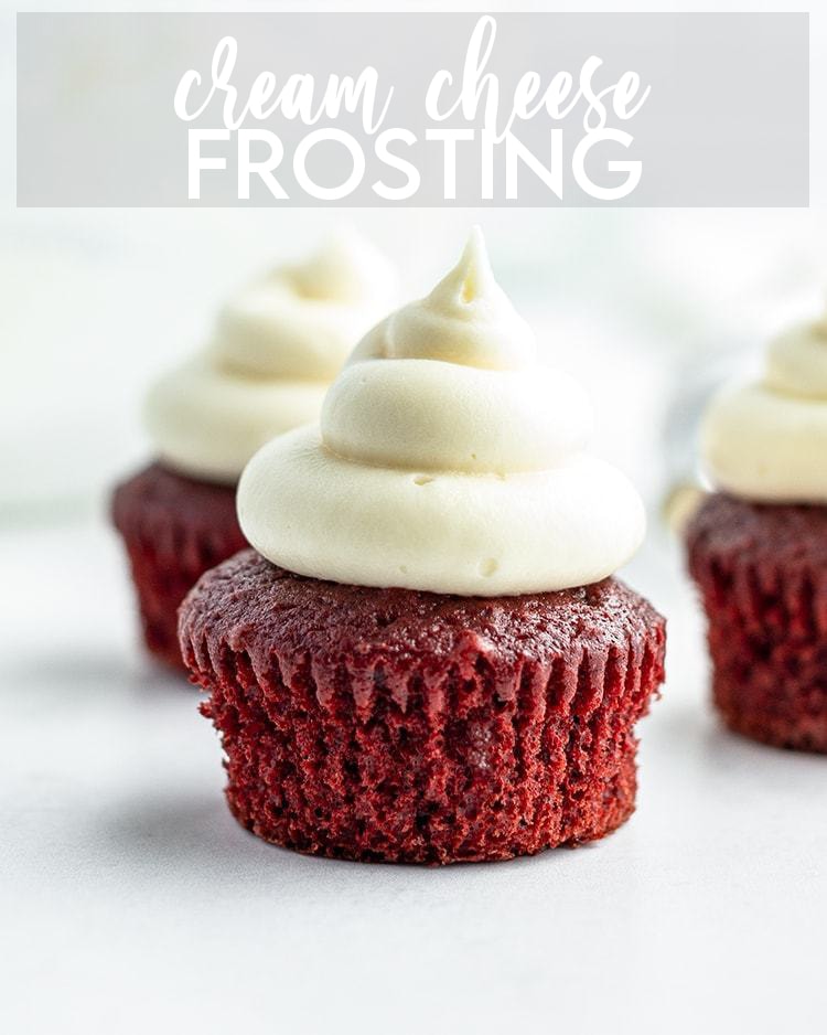 Cream Cheese frosting on top of a red velvet cupcake with a text overlay saying Cream Cheese Frosting
