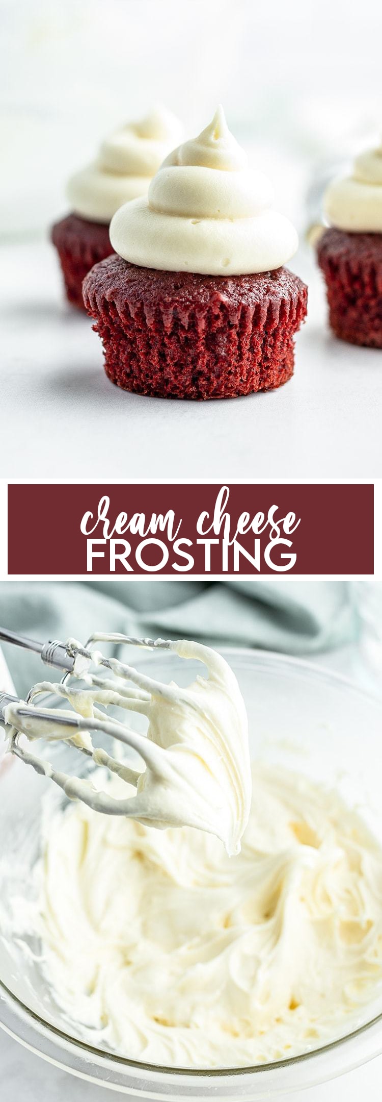 A collage of two photos of Cream Cheese Frosting with text overlay that reads cream cheese frosting.