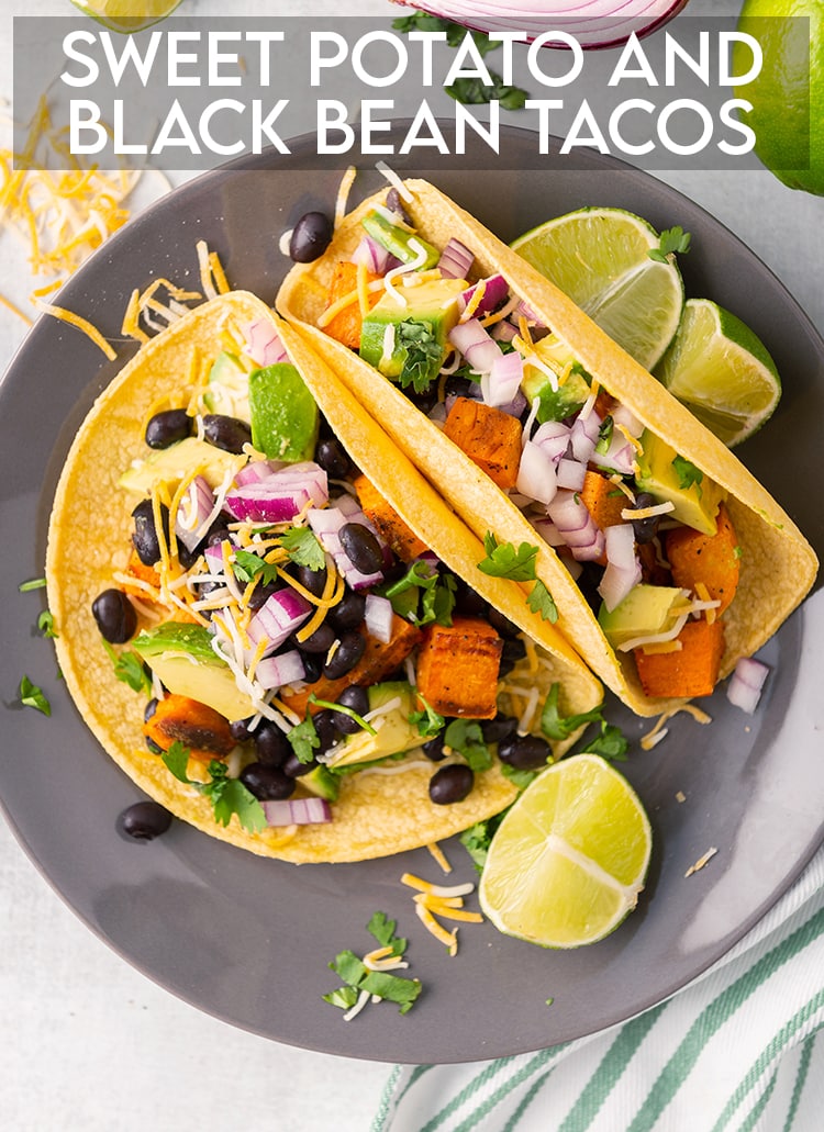 Sweet potato black bean tacos on corn tortillas with avocado, cilantro and red onion with text overlay for pinterest.