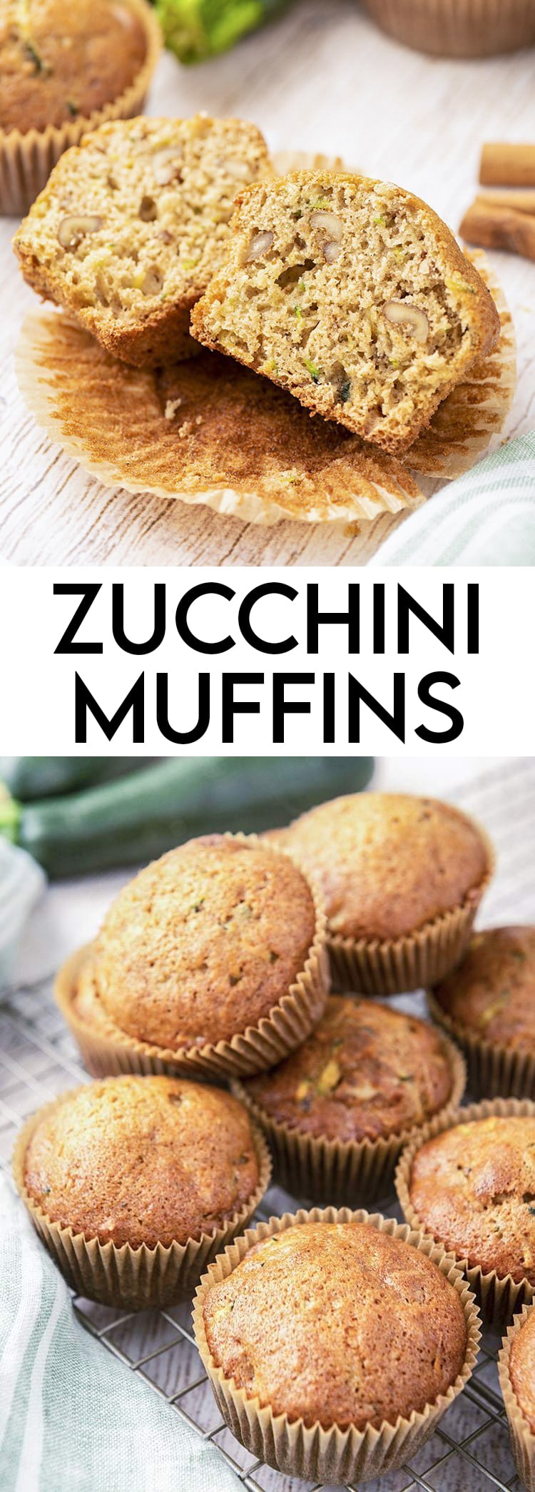 A collage of two photos of zucchini muffins. The first photo is a muffin cut in half. The second is a pile of zucchini muffins.