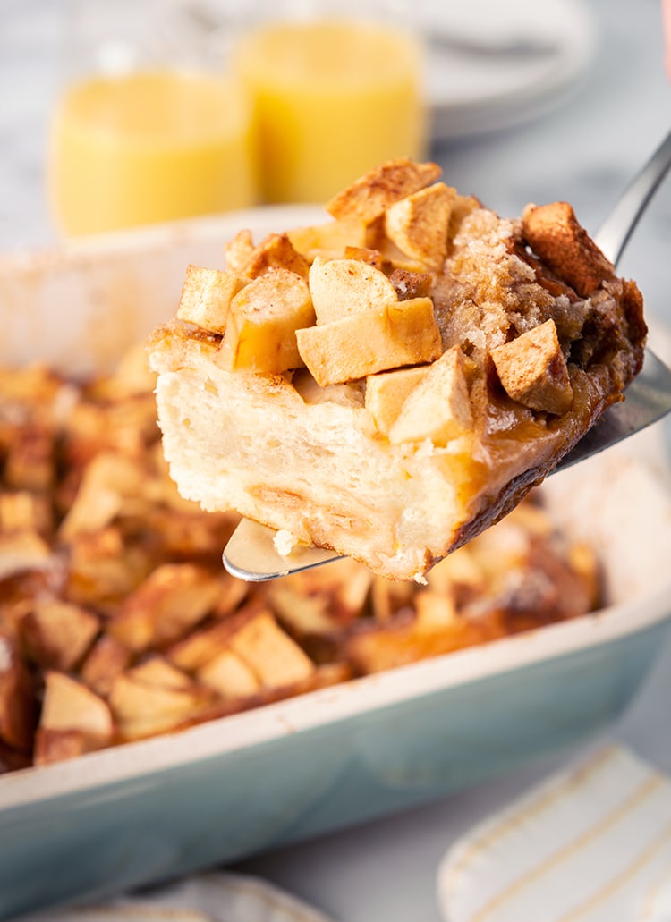 Baked apple french toast on a spatula