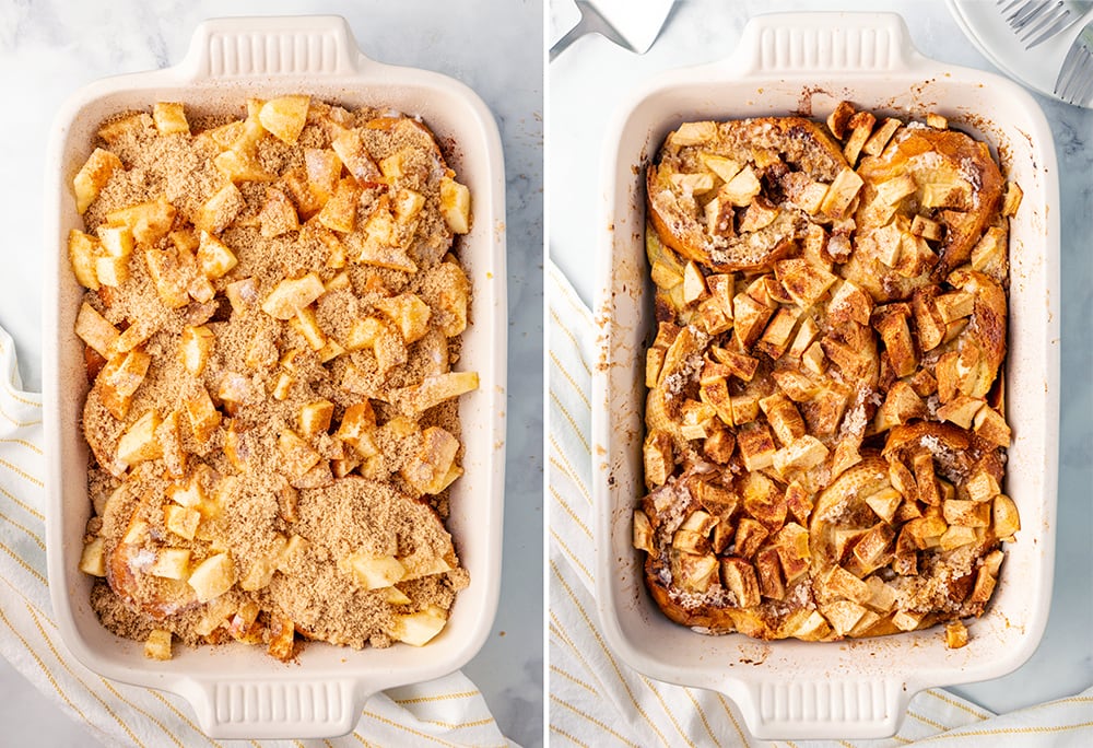 A collage of an uncooked and cooked pan of baked apple french toast.