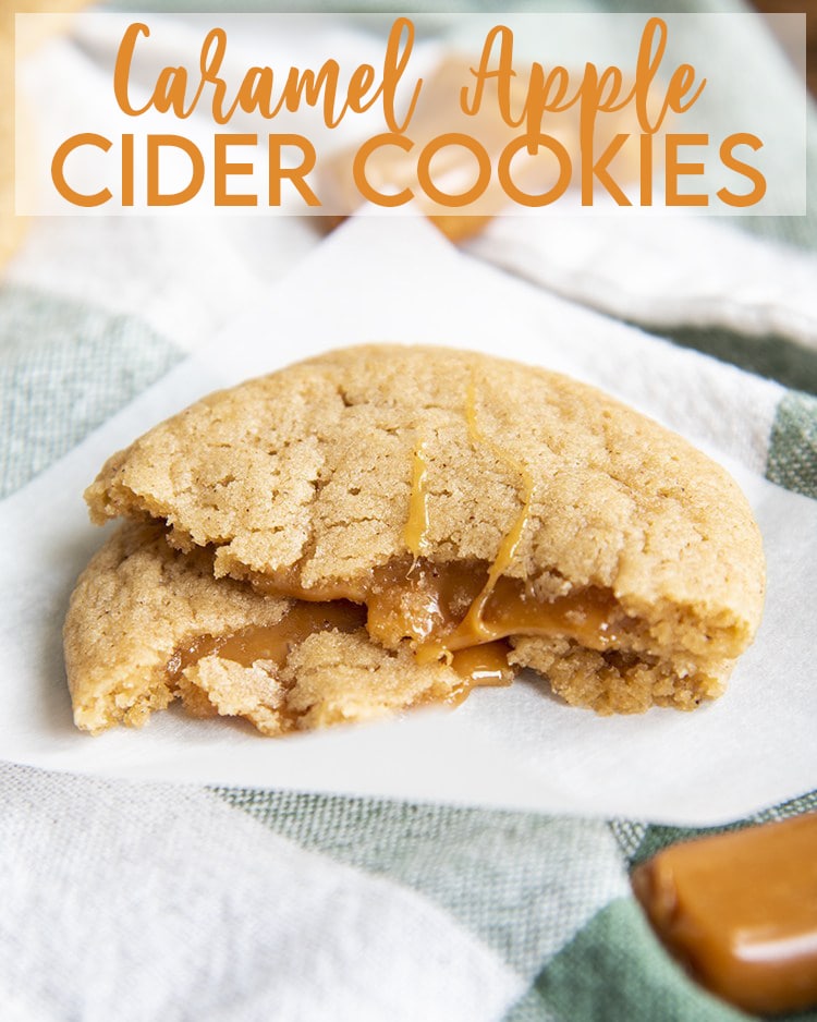 A caramel apple cider cookie broken in half and stacked on top of itself to show the caramel with a text overlay made for pinterest