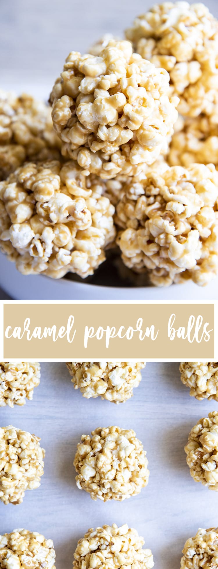 Two photos of caramel popcorn balls with text in the middle for pinterest.