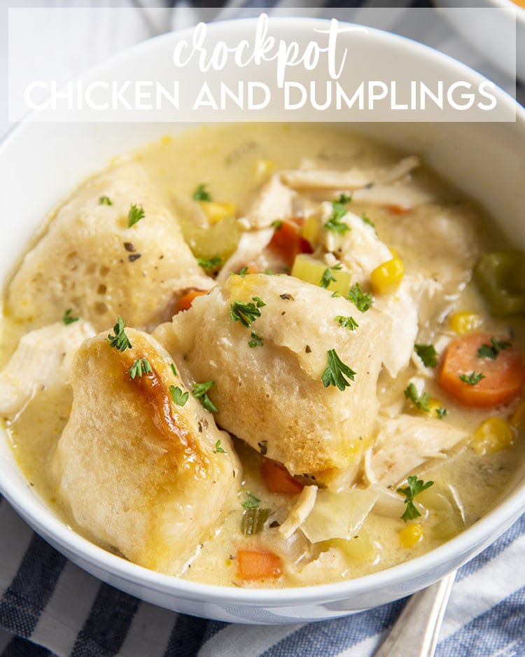 A bowl of chicken and dumplings with vegetables and sprinkled with parsley with a text overlay made for pinterest.