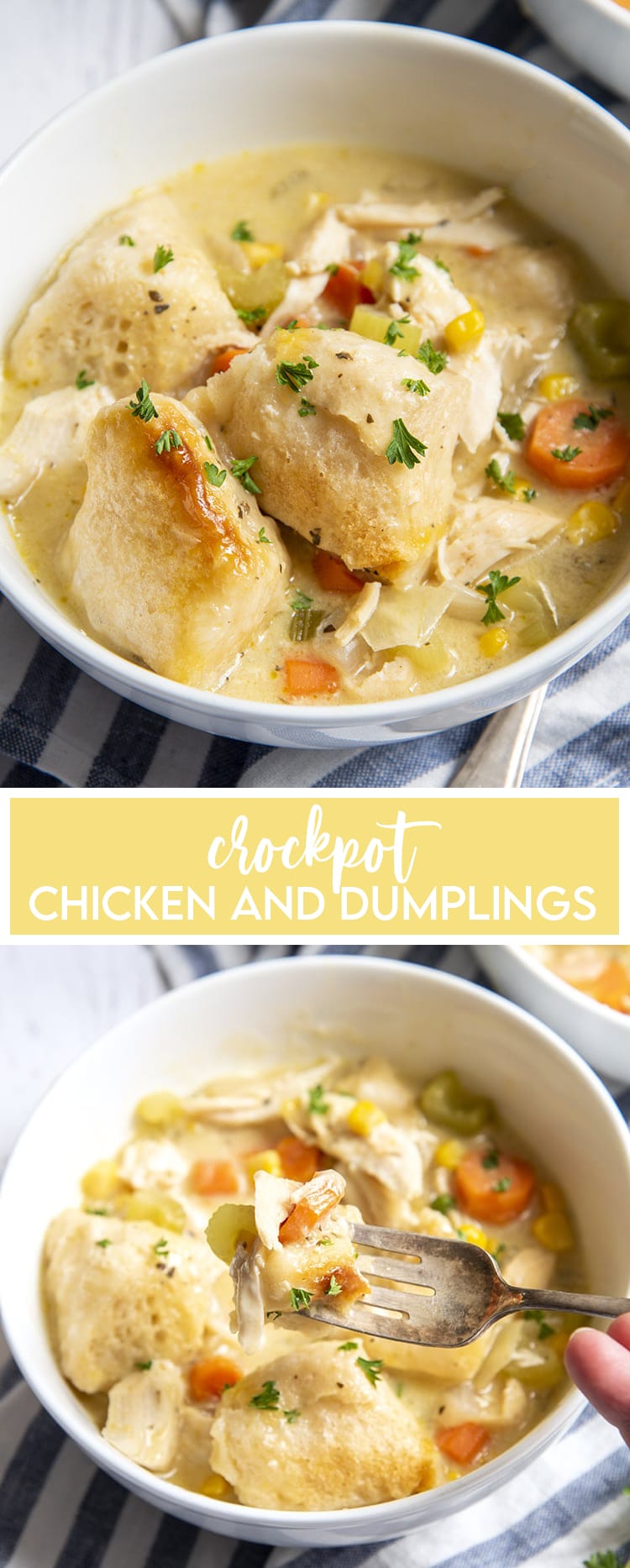 Two bowls of chicken and dumplings with a yellow text block in the middle for pinterest.