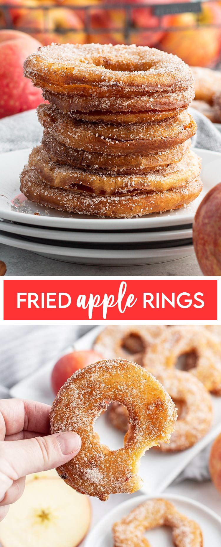 A collage of two photos of fried apple rings with text in the middle for pinterest.