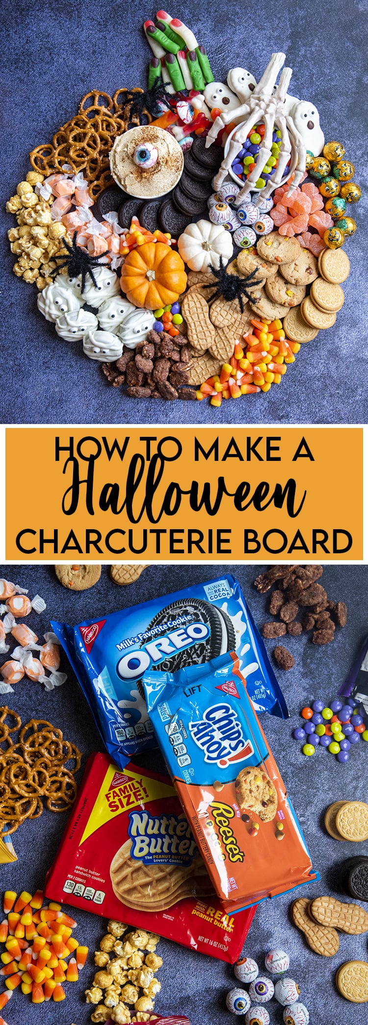 A collage of two photos displaying how to make a halloween charcuterie board with candy and cookies.
