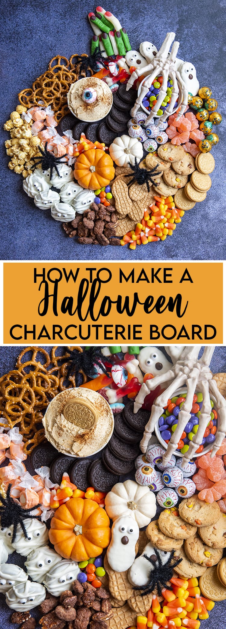 A collage showing how to make a halloween charcuterie board with assorted halloween candy and snacks