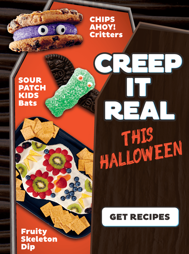 A Walmart Ad for Mondelez treats with a Chips Ahoy cookie sandwich made to look like a monster, sour patch kids bats, and a fruity skeleton dip. And it says Creep it Real This Halloween across it.