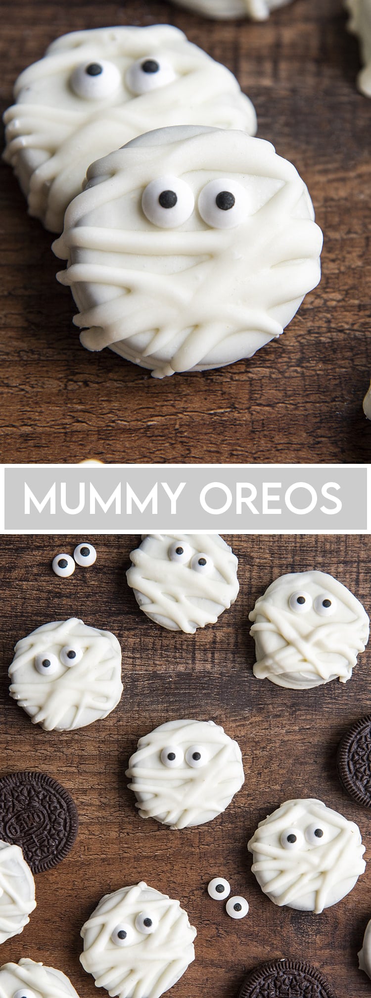 A collage of two photos of Oreos dipped in white chocolate and decorated to look like mummies.