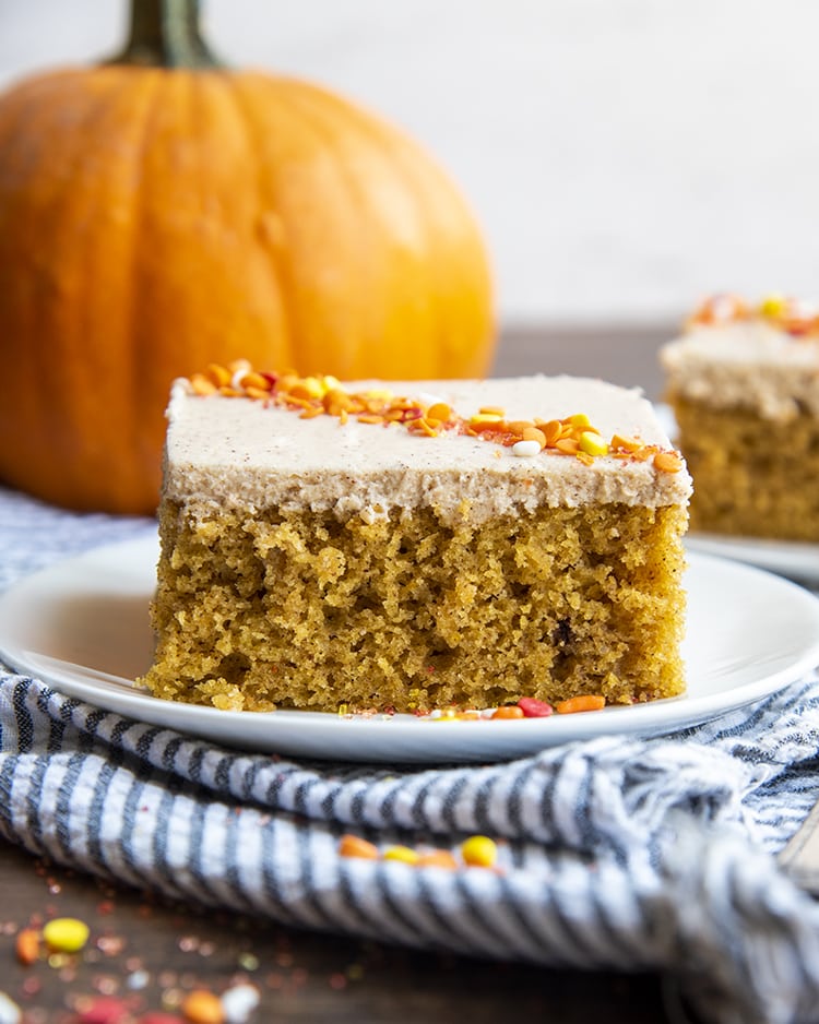 A pumpkin bar on a white plate, topped with brown butter cream cheese frosting.