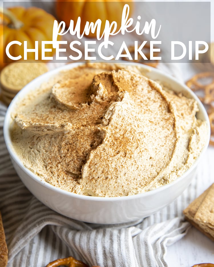 A bowl of pumA bowl of pumpkin cheesecake dip with text overlay for pinterest.
