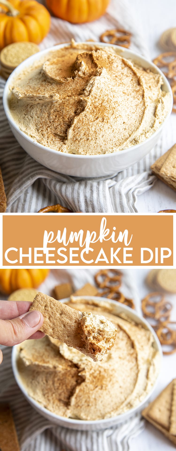 A collage of two photos of pumpkin cheesecake dip with text in the middle for pinterest.