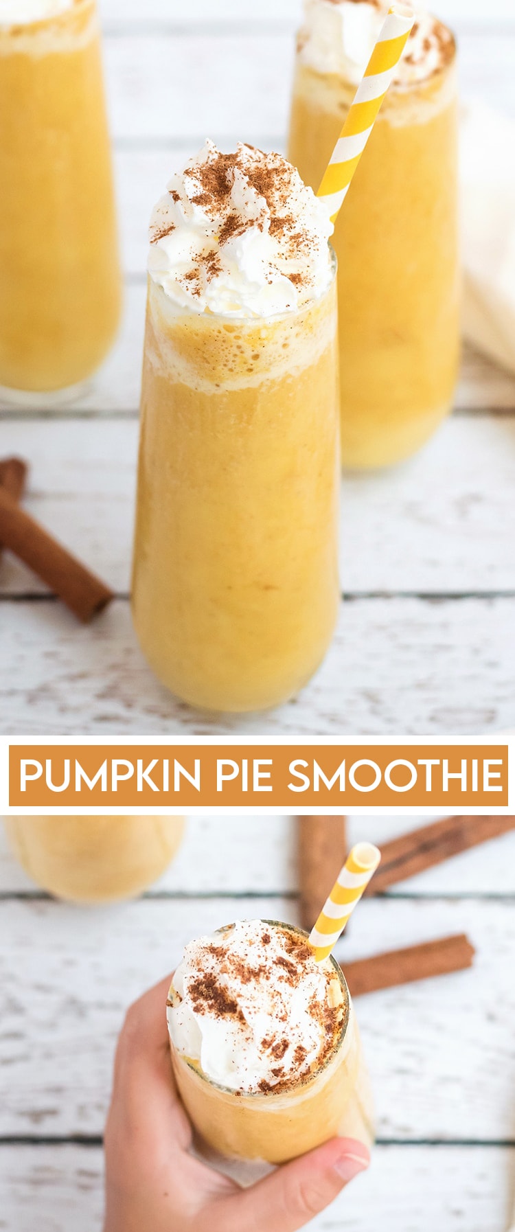 Two pictures of a pumpkin pie smoothie with a text block in the middle for pinterest.