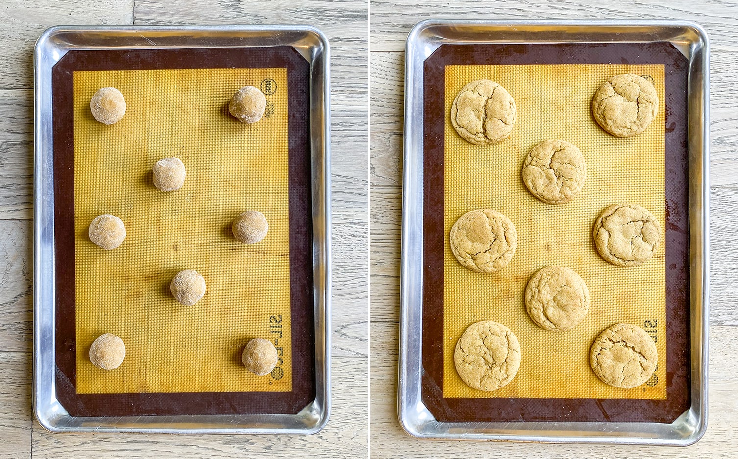 A shot of pumpkin snickerdoodle cookie dough balls on a cookie sheet. Then another of the cookies after they are cooked, on the same pan.