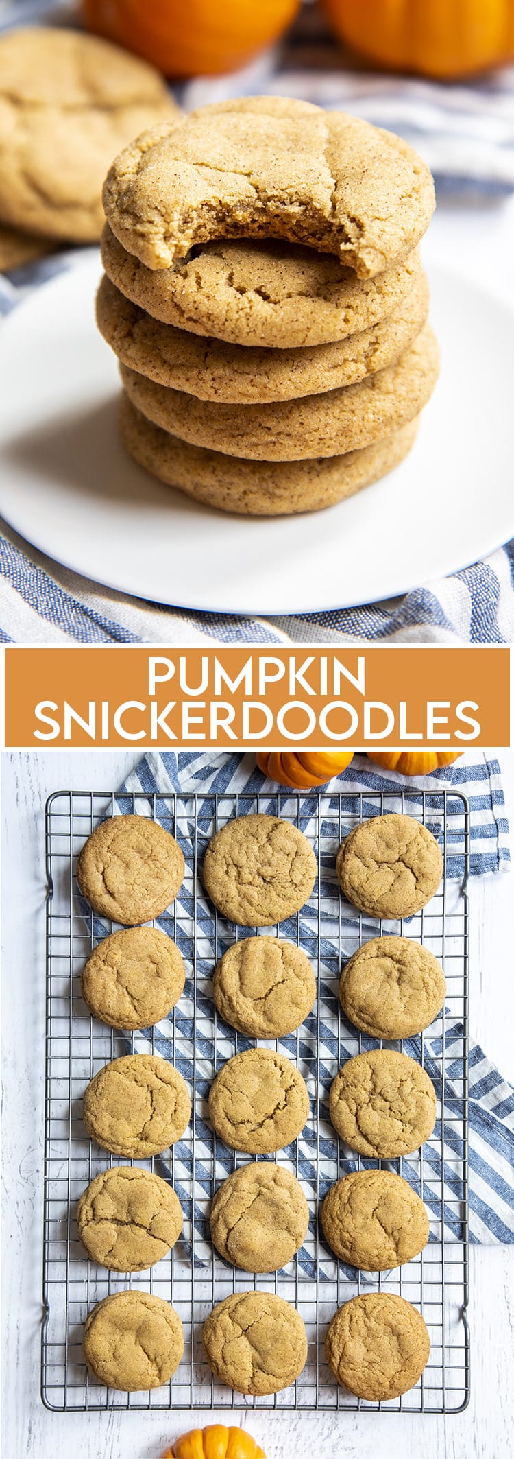 A collage of two photos of pumpkin snickerdoodles with text in the middle for pinterest