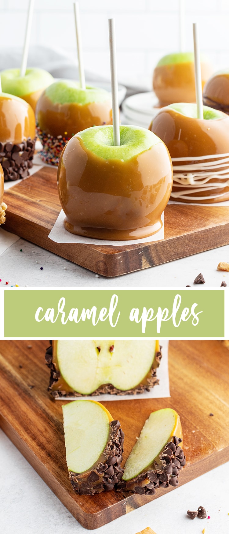 Easy caramel apples in a collage with different candies on caramel on with text overlay of title.