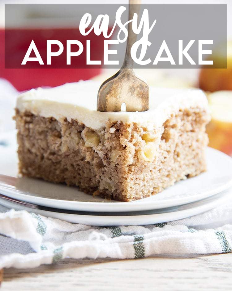 A piece of apple cake with a text overlay for pinterest.