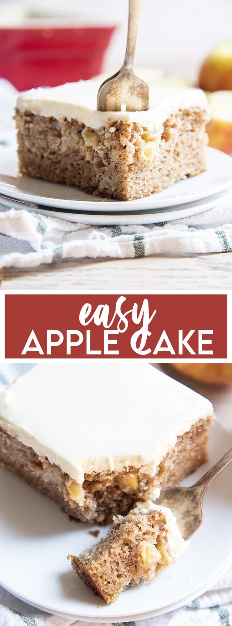 Twp photos of apple cake on a white plate with text overlay for pinterest.