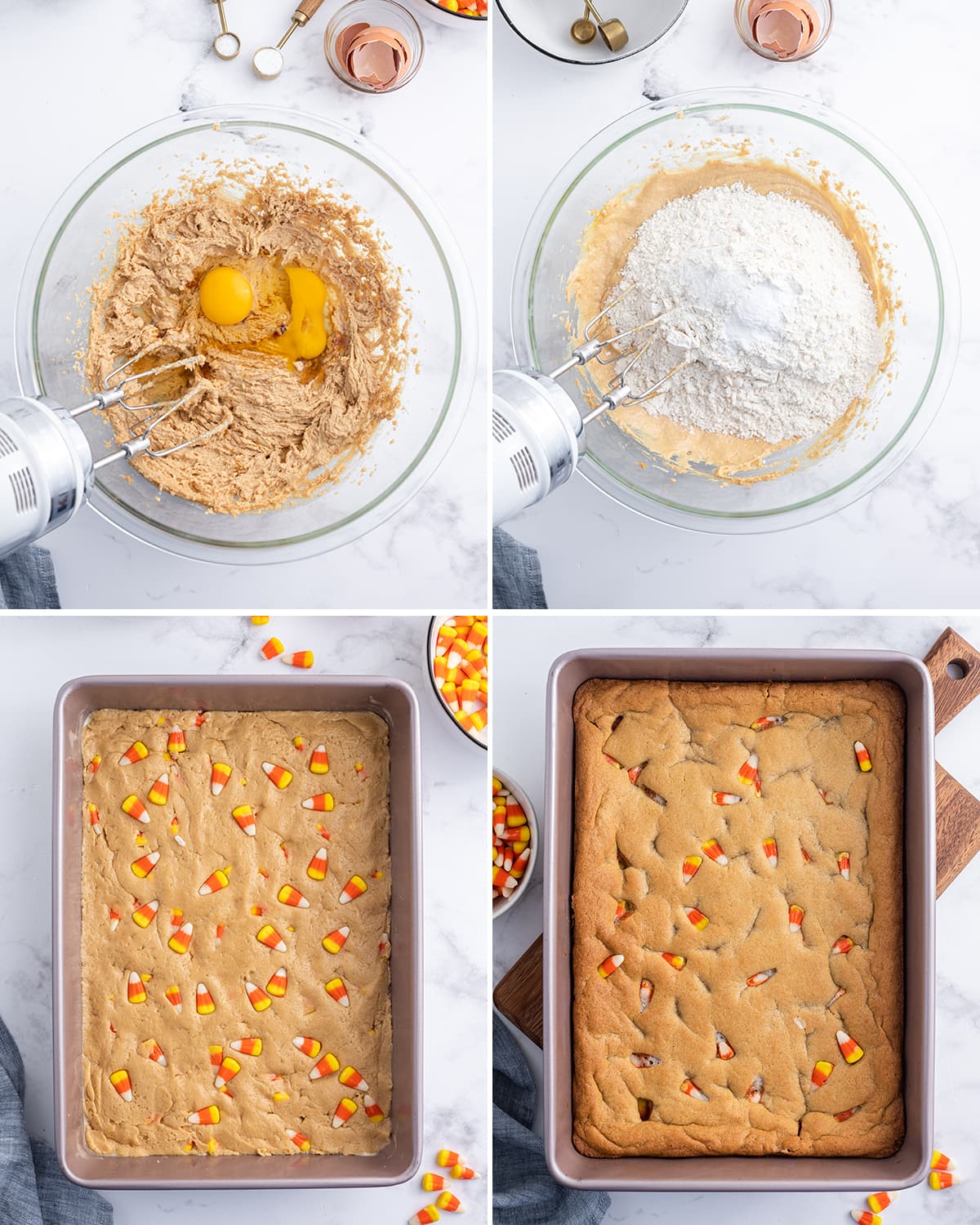 A collage of 4 photos showing how to make candy corn peanut butter bars.