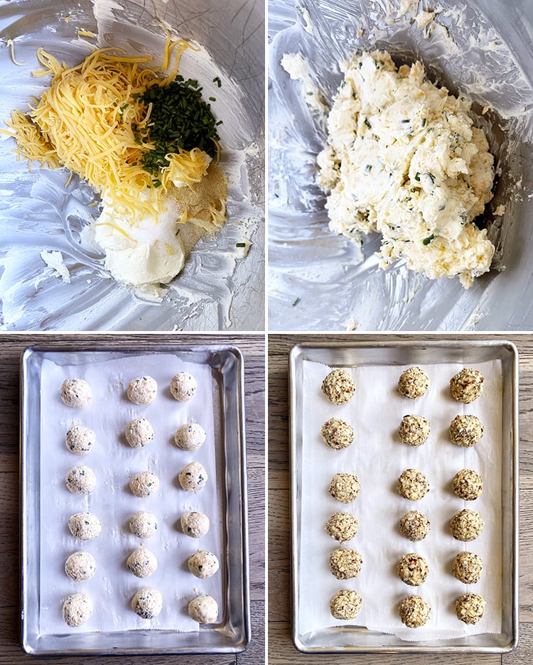 A collage of four images showing how to make mini cheese ball bites.