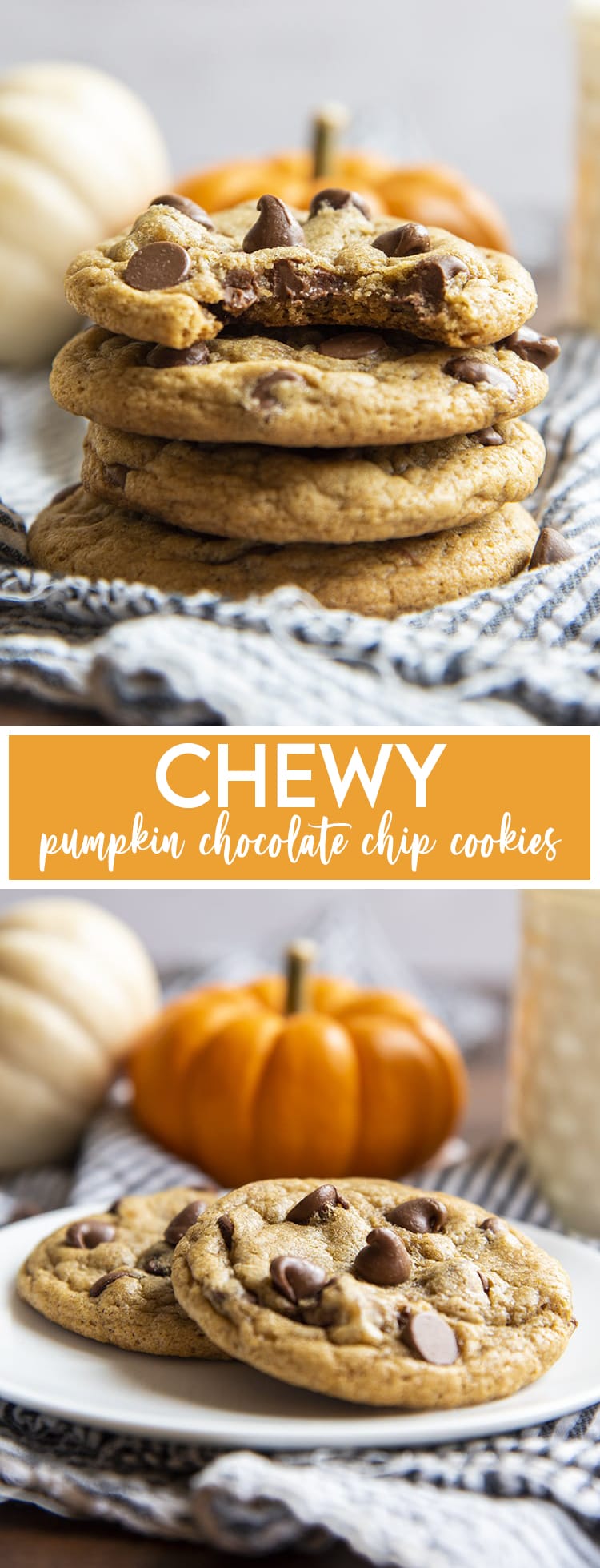 A collage of two images showing chewy pumpkin chocolate cookies with text overlay of same title.