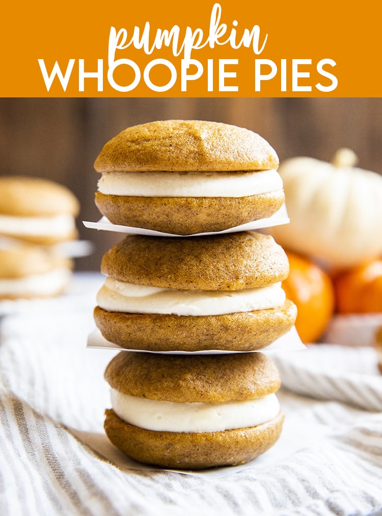 A stack of pumpkin whoopie pies with a text overlay for pinterest.