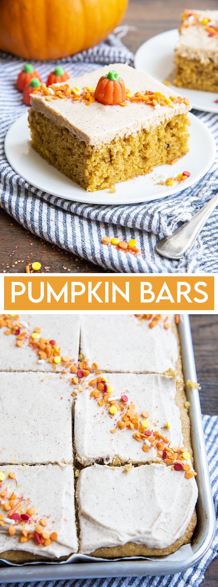 A collage of two photos of pumpkin bars, a piece topped with sprinkles on a plate. Then pumpkin bars in a pan.