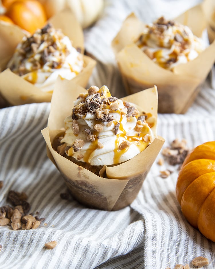 A pumpkin cupcake topped with whipped cream cheese frosting and toffee bits in a tulip shaped cupcake wrapper.