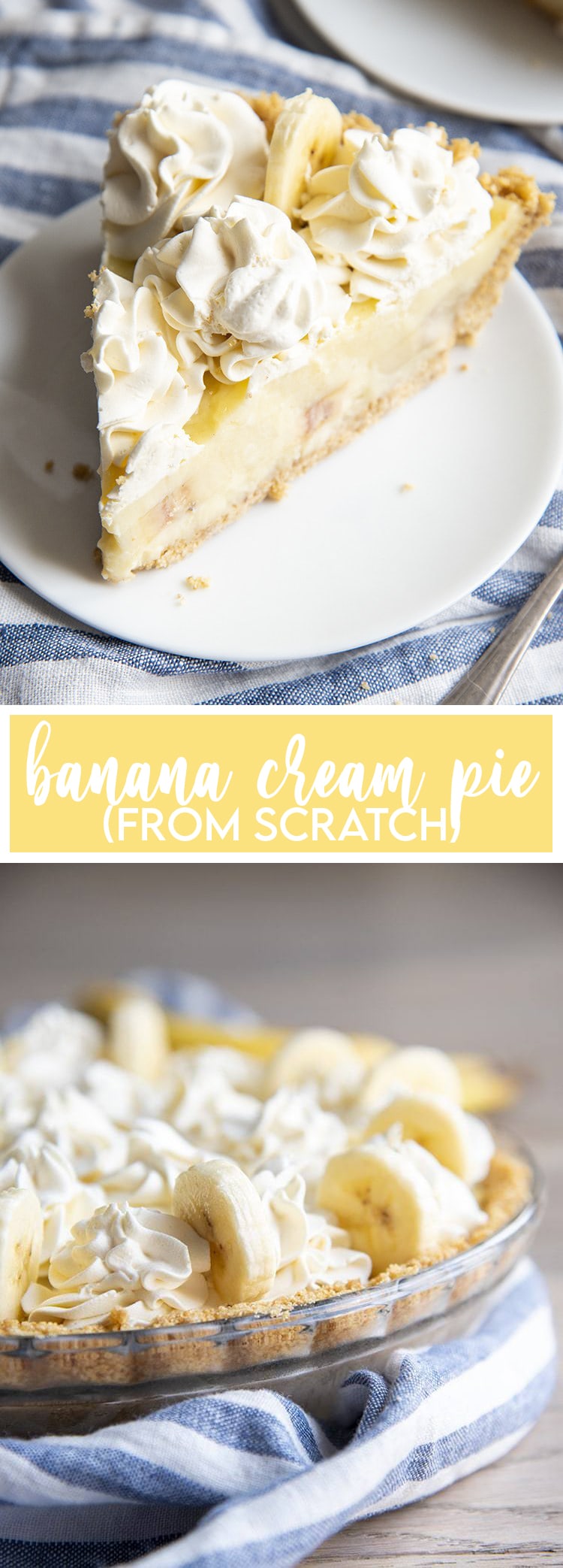 Two photos of banana cream pie in a collage with a title overlay that reads banana cream pie.