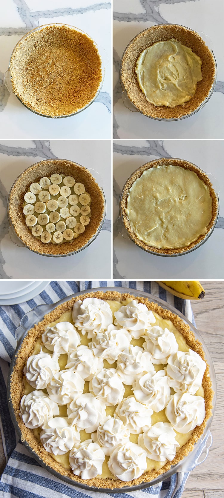 Step by Step photos of a banana cream pie being put together.