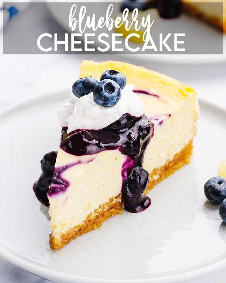 A slice of blueberry cheesecake on a white plate with a title card that reads blueberry cheesecake.