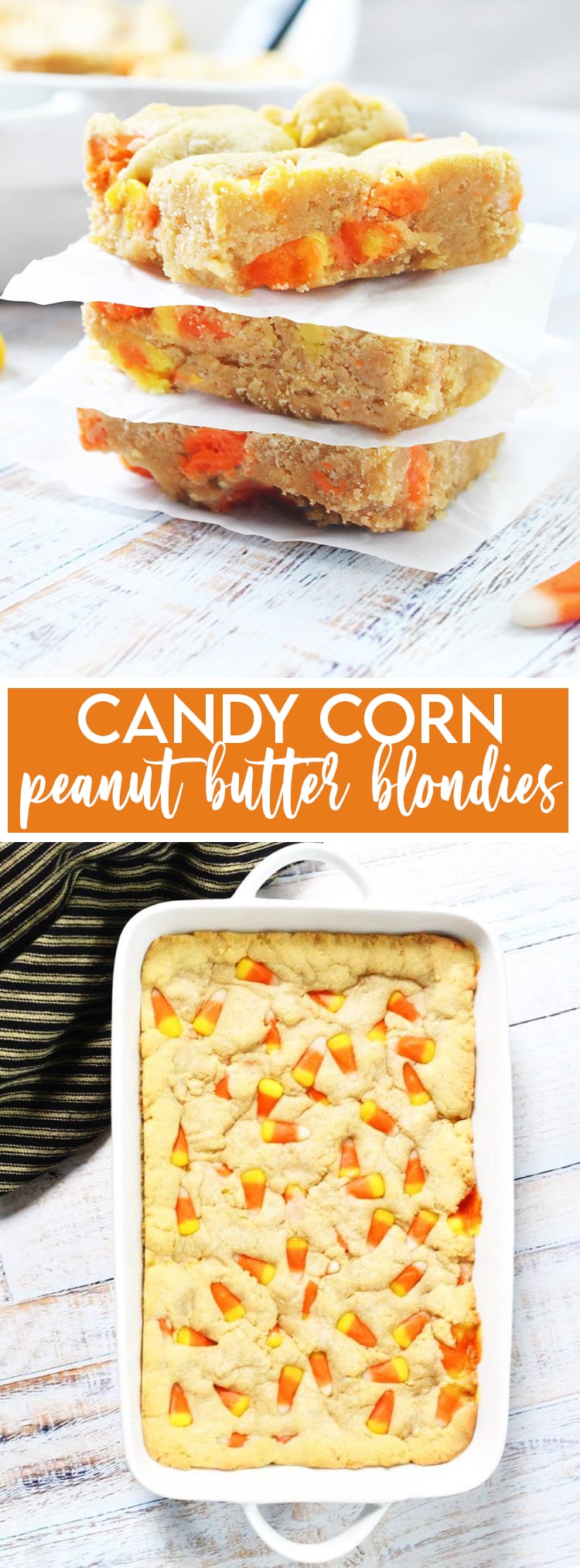 Cany corn peanut butter blondies in a baking dish with title card overlay with same text.