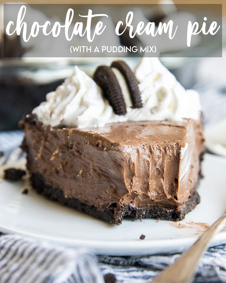 A piece of chocolate cream pie on a white plate with a bite taken out of it with title text overlay.