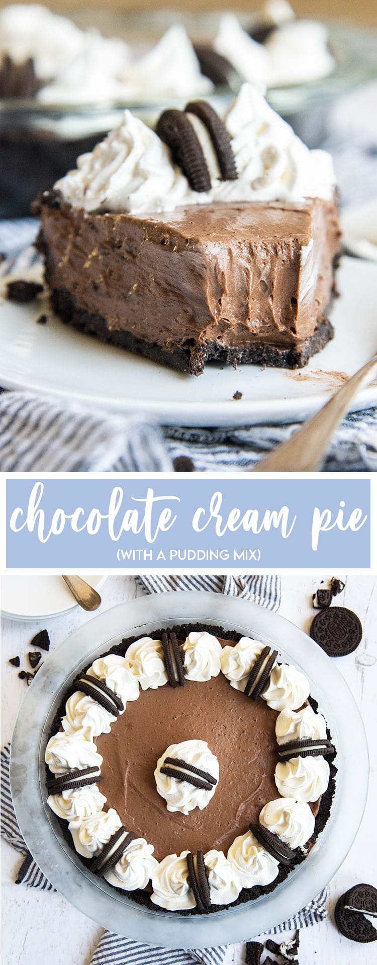 Two photos of chocolate cream pie displayed vertically with text overlay.