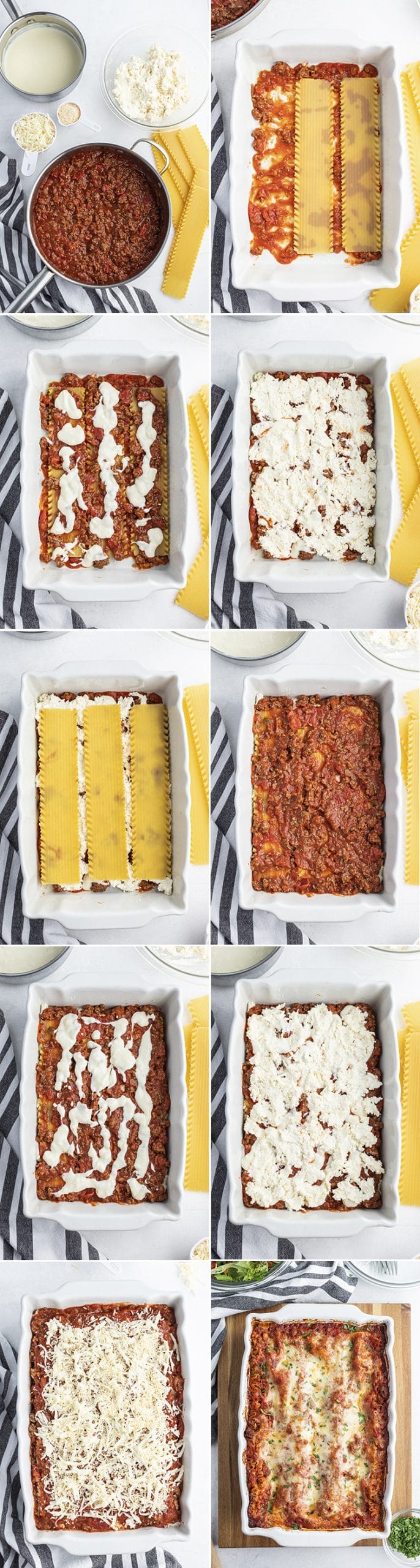 A collage showing each step involved to make classic lasagna in a white baking pan.