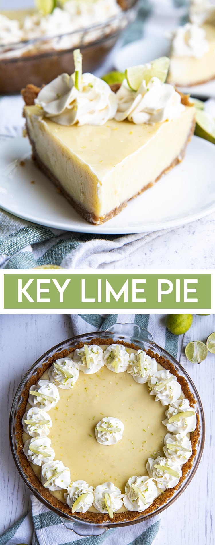 A slice of key lime pie on a dish with text overlay that reads key lime pie.