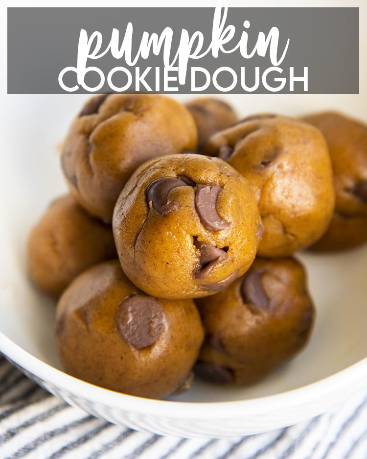 Chocolate Chip Pumpkin Cookie Dough balls in a white bowl with text overlay for pinterest.
