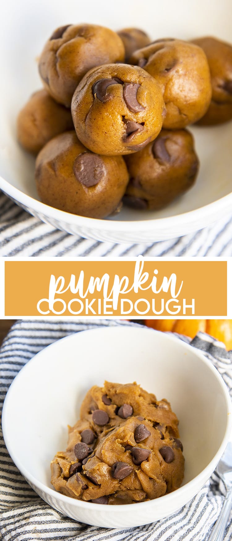 Pumpkin cookie dough balls shown in a collage with text overlay that reads pumpkin cookie dough.