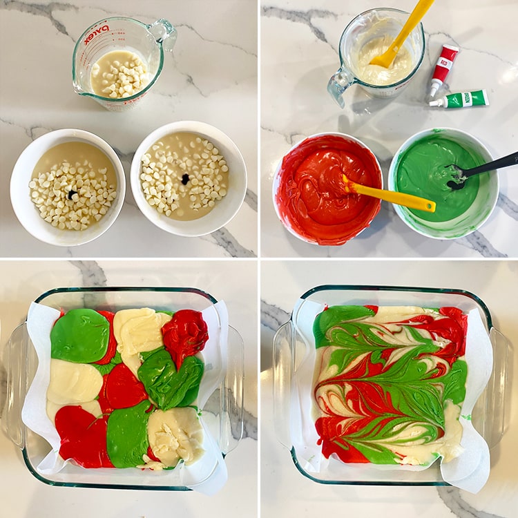 A collage of four images showing how to make Christmas swirled fudge with red, green, and white colors. 