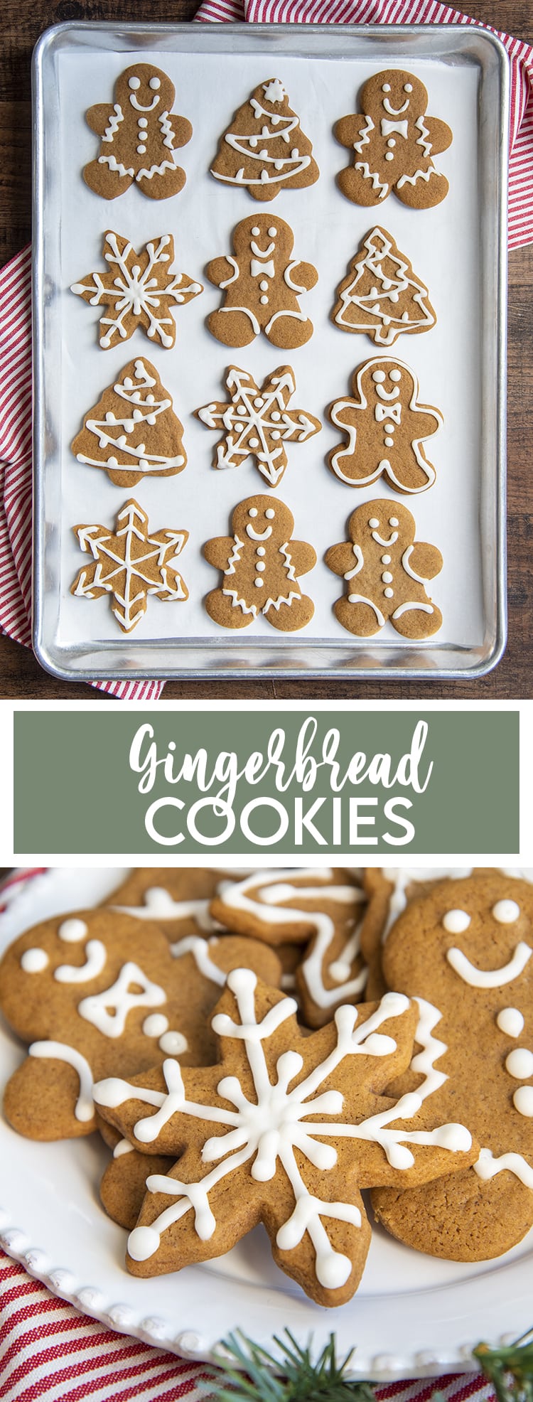 A collage of two photos of gingerbread men cookies, shaped and decorated like men, snowflakes, and trees.