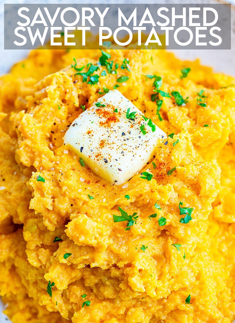 A close up of mashed sweet potatoes, topped with a pat of butter, sprinkled with parsley and chipotle powder with a text overlay for Pinterest.