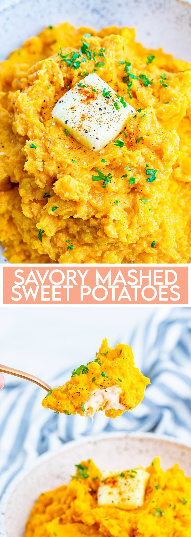 A collage of two photos of mashed sweet potatoes with an orange text block in the middle that says Savory Mashed Sweet Potatoes.